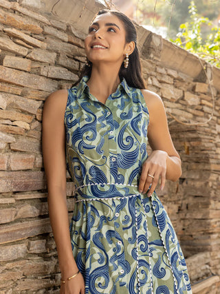 Cotton Green Abstract Print Midi Dress