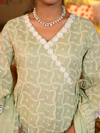 Cotton  Green Chikankari Sequins Embroidered Angrakha Style Anarkali Set With Organza Dupatta