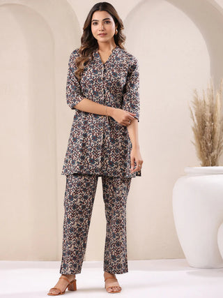 Beige & Blue Cotton Floral Print Kurta Bottom Set