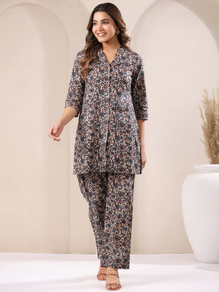 Beige & Blue Cotton Floral Print Kurta Bottom Set