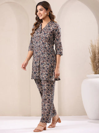 Beige & Blue Cotton Floral Print Kurta Bottom Set