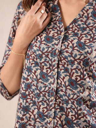 Beige & Blue Cotton Floral Print Kurta Bottom Set