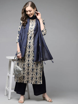 Beige & Blue Cotton Printed Straight Shape Kurta with Solid Viscose Rayon Palazzo Pants & Cotton Blend Dupatta