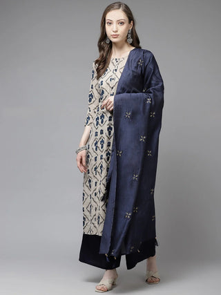 Beige & Blue Cotton Printed Straight Shape Kurta with Solid Viscose Rayon Palazzo Pants & Cotton Blend Dupatta