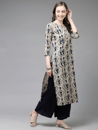 Beige & Blue Cotton Printed Straight Shape Kurta with Solid Viscose Rayon Palazzo Pants & Cotton Blend Dupatta