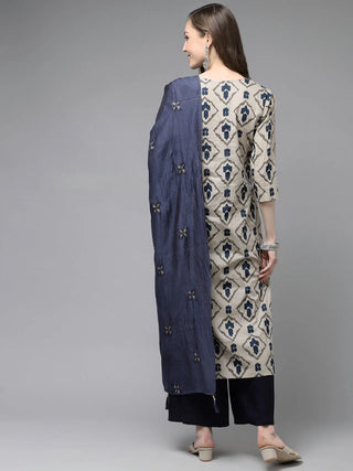 Beige & Blue Cotton Printed Straight Shape Kurta with Solid Viscose Rayon Palazzo Pants & Cotton Blend Dupatta