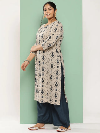 Beige & Navy Blue Cotton Abstract Print A Line Kurta