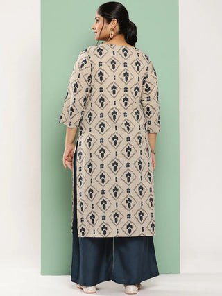 Beige & Navy Blue Cotton Abstract Print A Line Kurta