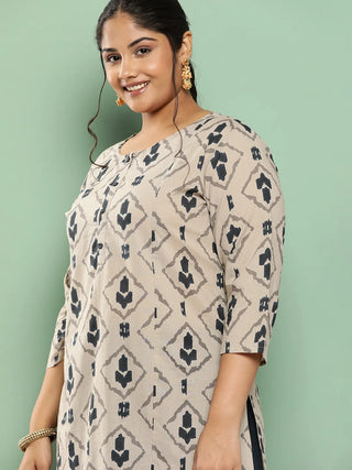 Beige & Navy Blue Cotton Abstract Print A Line Kurta