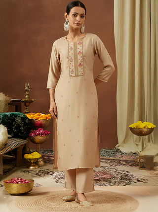 Beige Chanderi Silk Embroidered Kurta Bottom Set