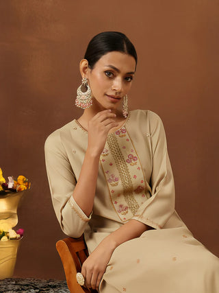 Beige Chanderi Silk Embroidered Kurta Bottom Set