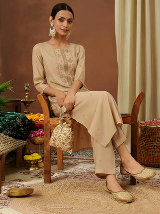 Beige Chanderi Silk Embroidered Kurta Bottom Set