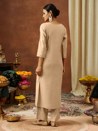 Beige Chanderi Silk Embroidered Kurta Bottom Set