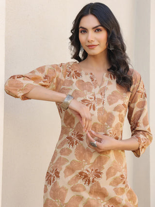 Beige Cotton Printed Kurta Pant Set