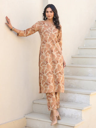 Beige Cotton Printed Kurta Pant Set