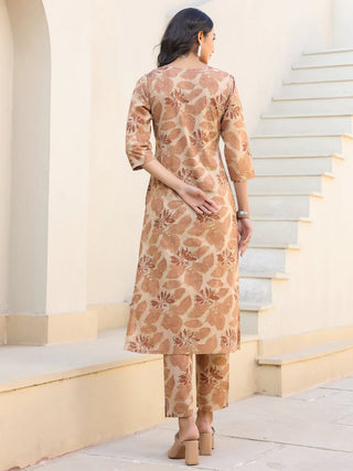 Beige Cotton Printed Kurta Pant Set
