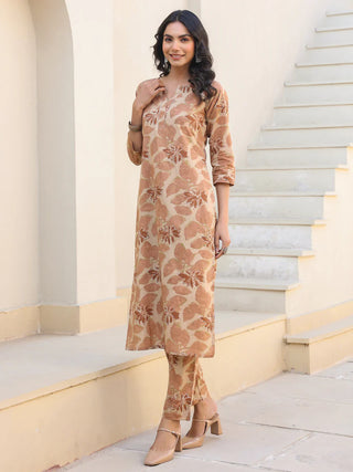 Beige Cotton Printed Kurta Pant Set