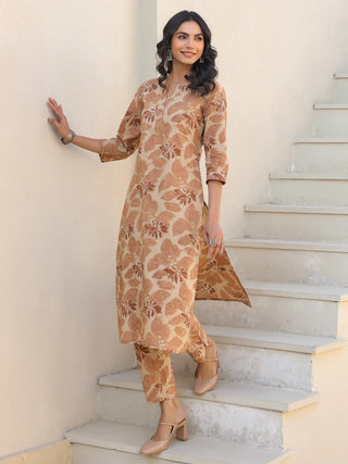 Beige Cotton Printed Kurta Pant Set