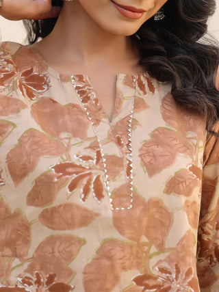 Beige Cotton Printed Kurta Pant Set