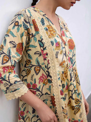 Beige Cotton A Line Floral Print Kurta Bottom Set