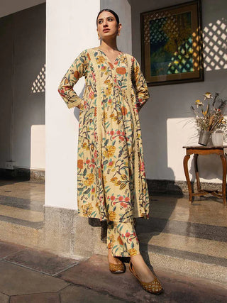 Beige Cotton A Line Floral Print Kurta Bottom Set