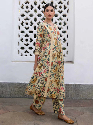 Beige Cotton A Line Floral Print Kurta Bottom Set