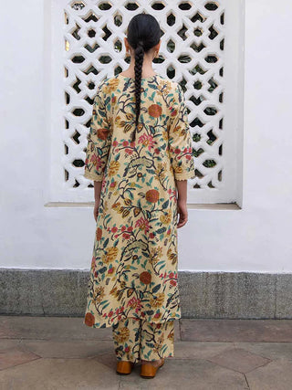 Beige Cotton A Line Floral Print Kurta Bottom Set