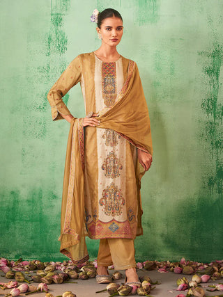 Beige Silk Blend Jacquard Print Straight Shape Kurta with Viscose Bottom and an Organza Dupatta