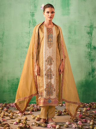 Beige Silk Blend Jacquard Print Straight Shape Kurta with Viscose Bottom and an Organza Dupatta