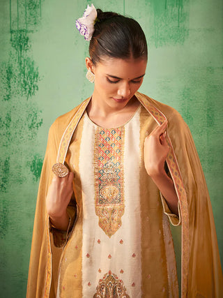 Beige Silk Blend Jacquard Print Straight Shape Kurta with Viscose Bottom and an Organza Dupatta