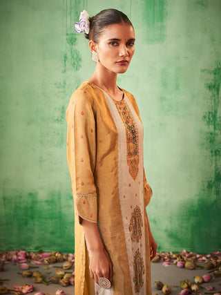 Beige Silk Blend Jacquard Print Straight Shape Kurta with Viscose Bottom and an Organza Dupatta