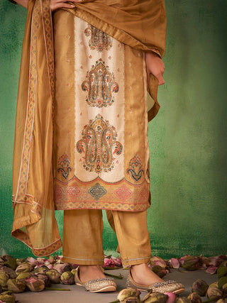 Beige Silk Blend Jacquard Print Straight Shape Kurta with Viscose Bottom and an Organza Dupatta