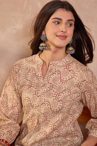 Beige Cotton Regular Style Ethnic Motif Print Kurta