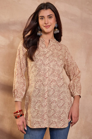 Beige Cotton Regular Style Ethnic Motif Print Kurta
