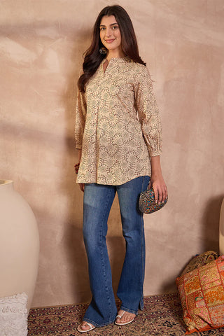 Beige Cotton Regular Style Ethnic Motif Print Kurta