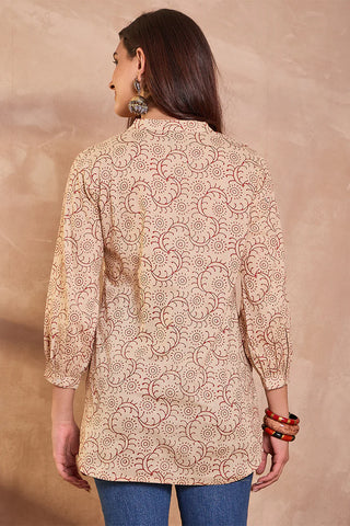 Beige Cotton Regular Style Ethnic Motif Print Kurta