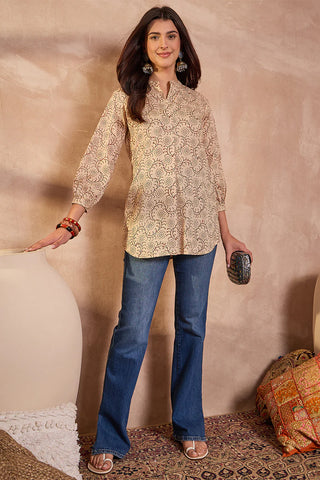 Beige Cotton Regular Style Ethnic Motif Print Kurta