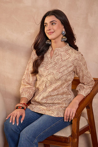 Beige Cotton Regular Style Ethnic Motif Print Kurta