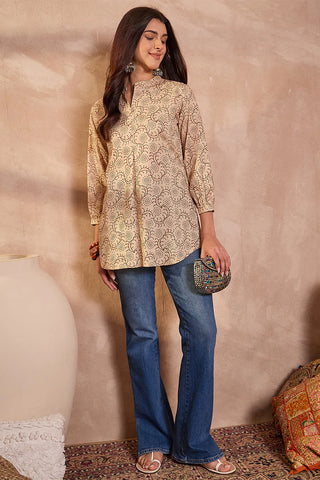 Beige Cotton Regular Style Ethnic Motif Print Kurta