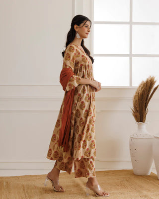 Beige Hand Block Printed Suit Set With Dupatta