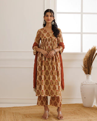 Beige Hand Block Printed Suit Set With Dupatta