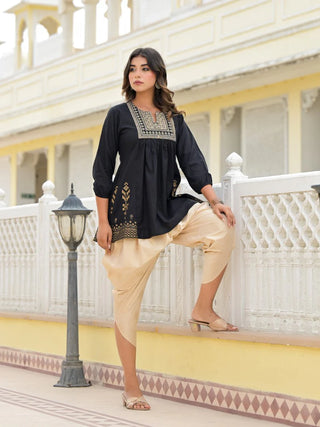 Black & Beige Cotton Ethnic Motif Printed Tunic - Dhoti Co-Ord Set