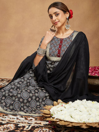 Black Pure Cotton Ajrak Print Suit Set with Dupatta