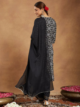 Black Pure Cotton Ajrak Print Suit Set with Dupatta