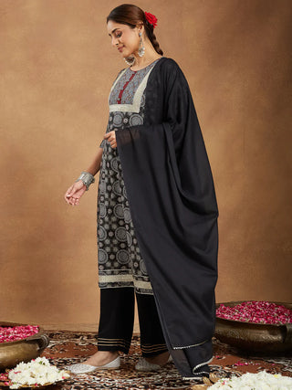 Black Pure Cotton Ajrak Print Suit Set with Dupatta