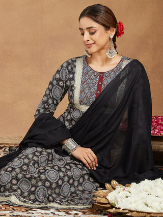 Black Pure Cotton Ajrak Print Suit Set with Dupatta