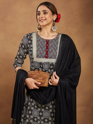 Black Pure Cotton Ajrak Print Suit Set with Dupatta