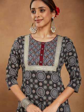 Black Pure Cotton Ajrak Print Suit Set with Dupatta