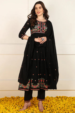 Black Cotton Embroidered Anarkali Suit Set with Dupatta