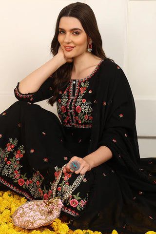 Black Cotton Embroidered Anarkali Suit Set with Dupatta